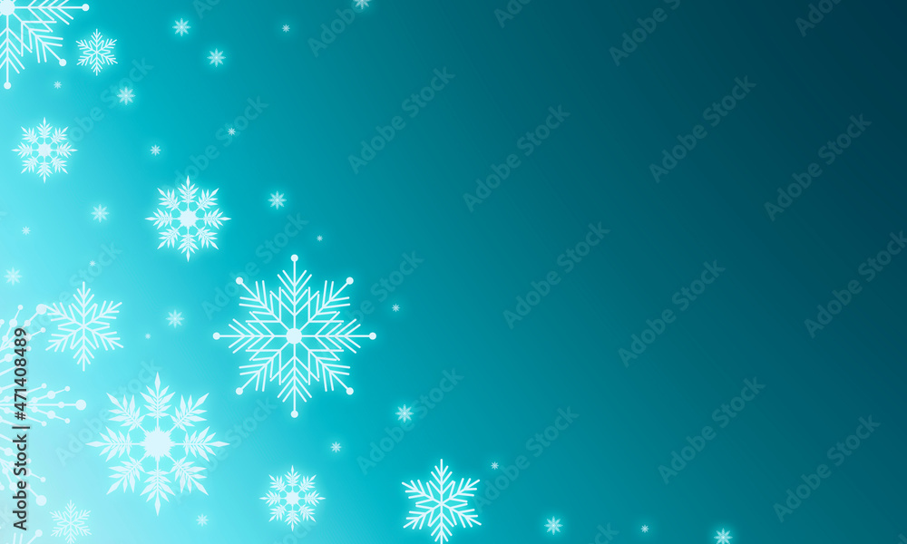Christmas illustration with copy space with white glowing snowflakes. Beautiful snowflakes on a dark gradient blue background and blurry lights.