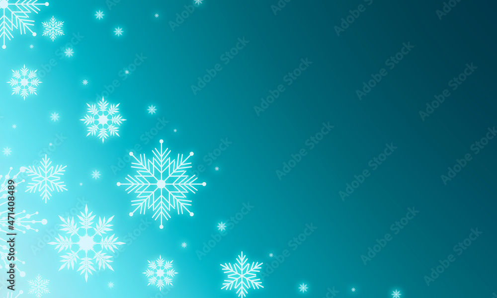 Christmas illustration with copy space with white glowing snowflakes. Beautiful snowflakes on a dark gradient blue background and blurry lights. Christmas illustration with copy space with white glowing snowflakes. Beautiful snowflakes on a dark gradient blue background and blurry lights.
