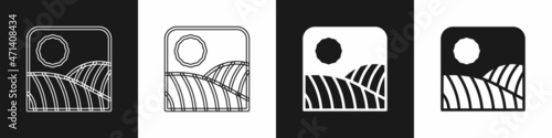 Set Agriculture wheat field farm rural nature scene landscape icon isolated on black and white background. Vector