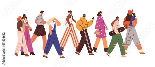 Group of people walk. Crowd of diverse men and women go forward. Profile of casual persons in motion. Different males and females move together. Flat vector illustration isolated on white background