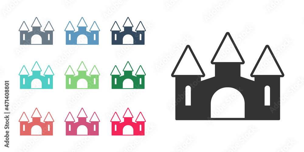 Black Castle icon isolated on white background. Medieval fortress with a tower. Protection from enemies. Reliability and defense of the city. Set icons colorful. Vector