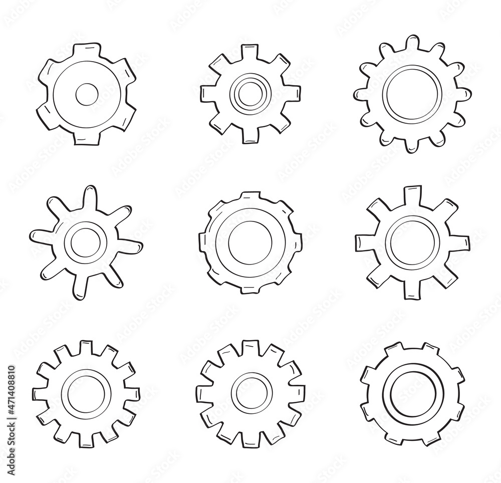 Gears vector set in hand drawn style. Goal, Planning, idea concept doodle illustration. Sketch gear infographic elements.