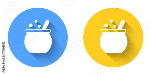 White Halloween witch cauldron icon isolated with long shadow background. Happy Halloween party. Circle button. Vector