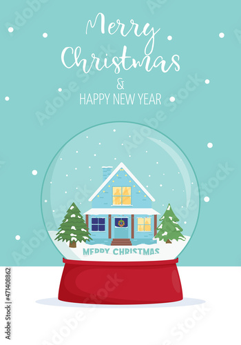 Merry Christmas and new year card. Winter wonderland scenes in a snow globe. Winter card design illustration for greetings, invitation © Анна Орлова
