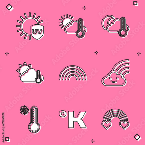 Set UV protection, Thermometer and cloud, sun, moon, Rainbow, with, Meteorology thermometer and Kelvin icon. Vector