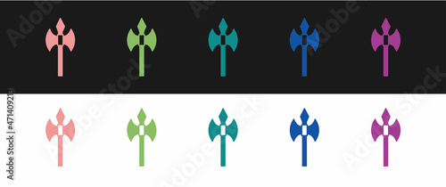 Set Medieval axe icon isolated on black and white background. Battle axe, executioner axe. Medieval weapon. Vector