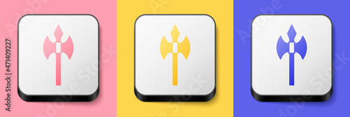 Isometric Medieval axe icon isolated on pink, yellow and blue background. Battle axe, executioner axe. Medieval weapon. Square button. Vector