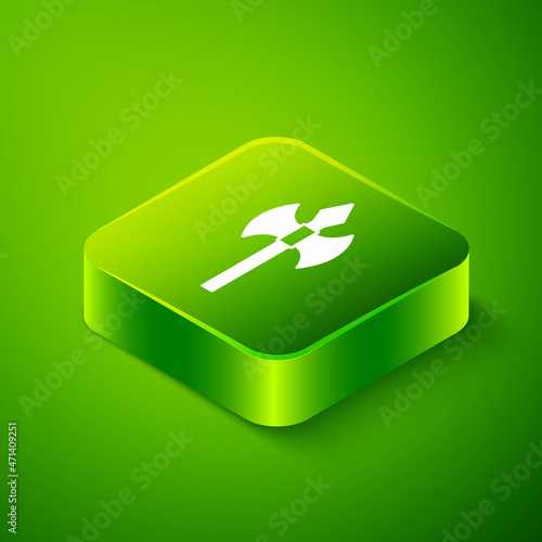 Isometric Medieval axe icon isolated on green background. Battle axe, executioner axe. Medieval weapon. Green square button. Vector