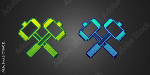 Green and blue Medieval crossed battle hammers icon isolated on black background. Vector