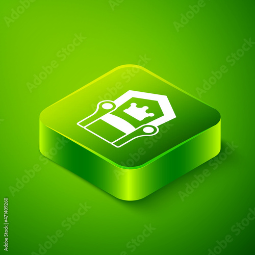 Isometric Medieval throne icon isolated on green background. Green square button. Vector