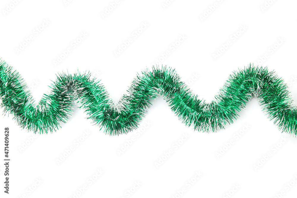 Shiny green tinsel isolated on white, top view Shiny green tinsel isolated on white, top view