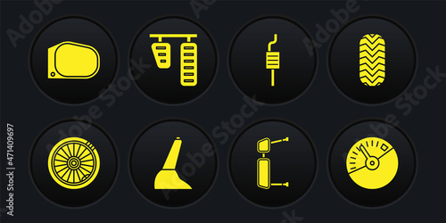 Set Car wheel, tire, handbrake, Truck side mirror, muffler, gas pedals, Speedometer and icon. Vector