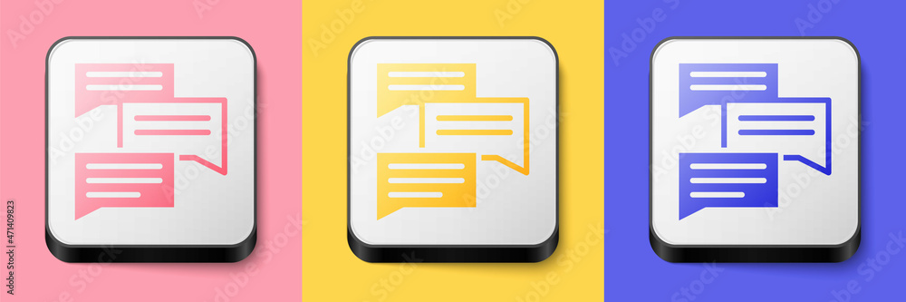 Isometric Speech bubble chat icon isolated on pink, yellow and blue background. Message icon. Communication or comment chat symbol. Square button. Vector Isometric Speech bubble chat icon isolated on pink, yellow and blue background. Message icon. Communication or comment chat symbol. Square button. Vector