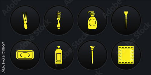 Set Bar of soap, Makeup brush, Bottle shampoo, liquid, Hairbrush, mirror with lights and Eyebrow tweezers icon. Vector