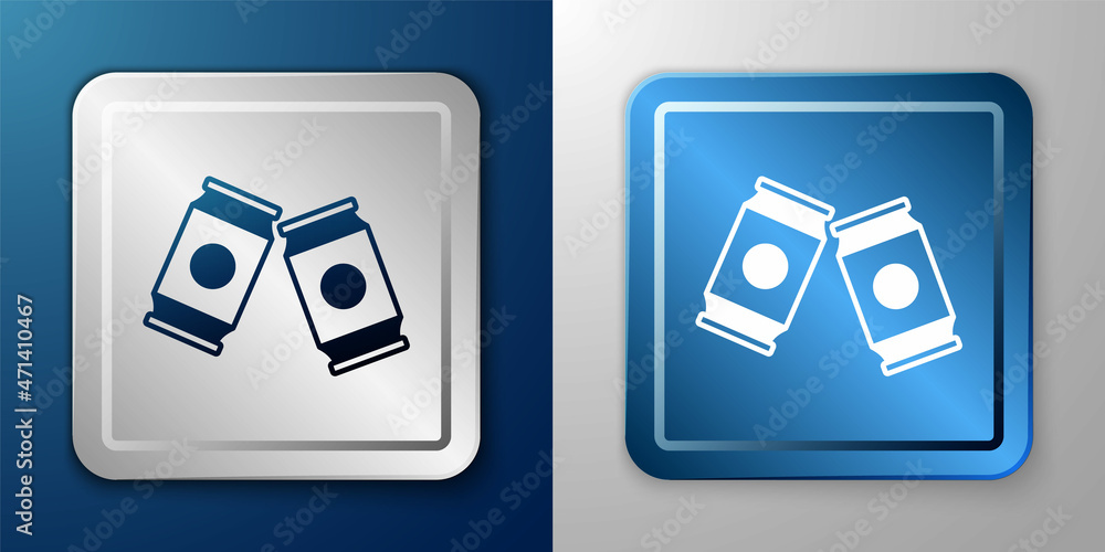 White Beer can icon isolated on blue and grey background. Silver and blue square button. Vector White Beer can icon isolated on blue and grey background. Silver and blue square button. Vector