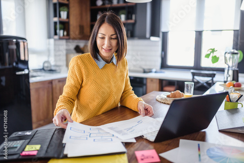 Businesswoman working online from home in front of a laptop computer looking into papers