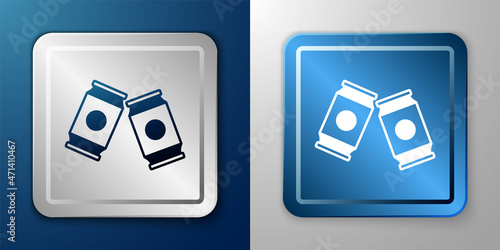 White Beer can icon isolated on blue and grey background. Silver and blue square button. Vector