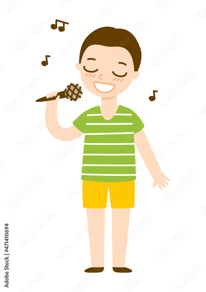 Cute cartoon singer boy isolated on white background