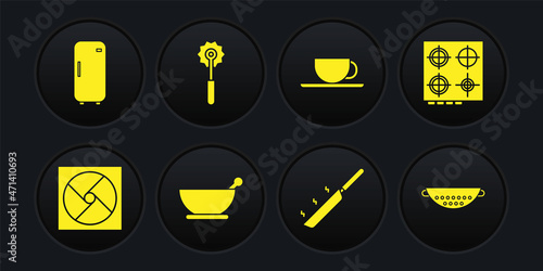 Set Ventilation, Gas stove, Mortar and pestle, Frying pan, Coffee cup, Pizza knife, Kitchen colander and Refrigerator icon. Vector