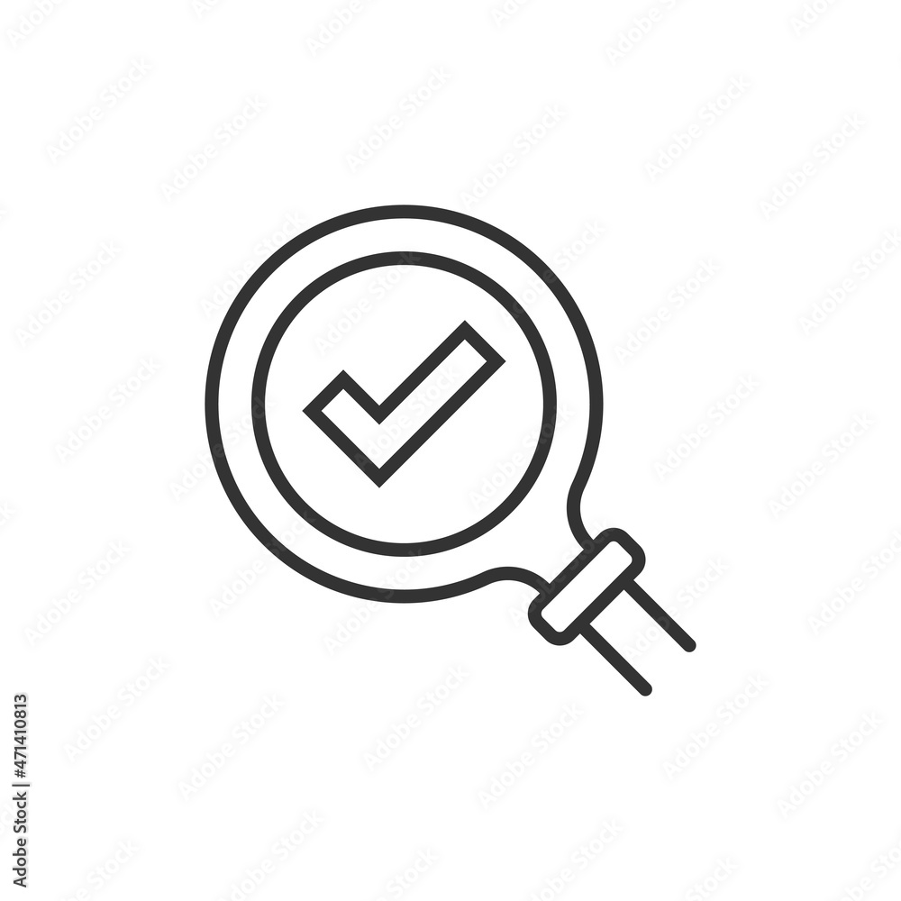 Check mark with magnifying glass icon in flat style. Loupe accept vector illustration on white isolated background. Search checklist business concept.