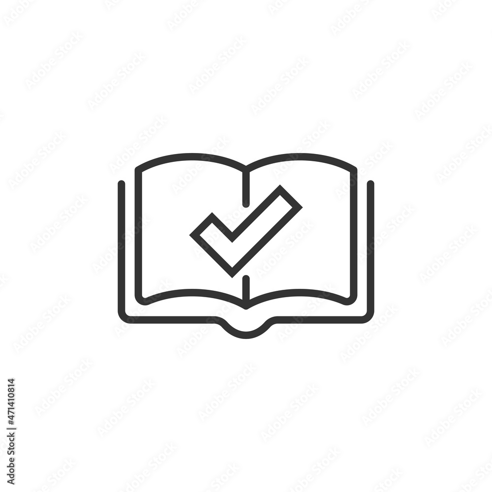 Book check mark icon in flat style. Bookmark approval vector illustration on white isolated background. Confirm business concept. Book check mark icon in flat style. Bookmark approval vector illustration on white isolated background. Confirm business concept.