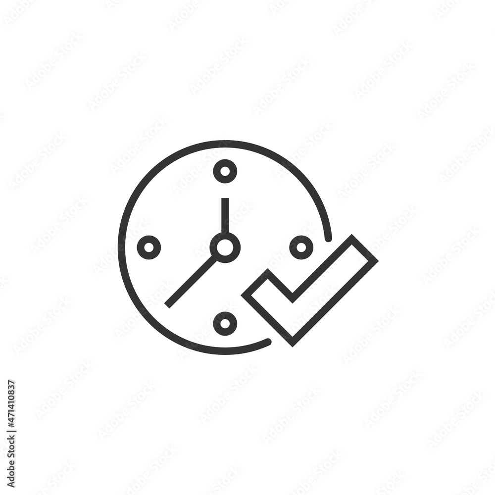 Clock check mark icon in flat style. Timer approval vector illustration on white isolated background. Confirm business concept. Clock check mark icon in flat style. Timer approval vector illustration on white isolated background. Confirm business concept.
