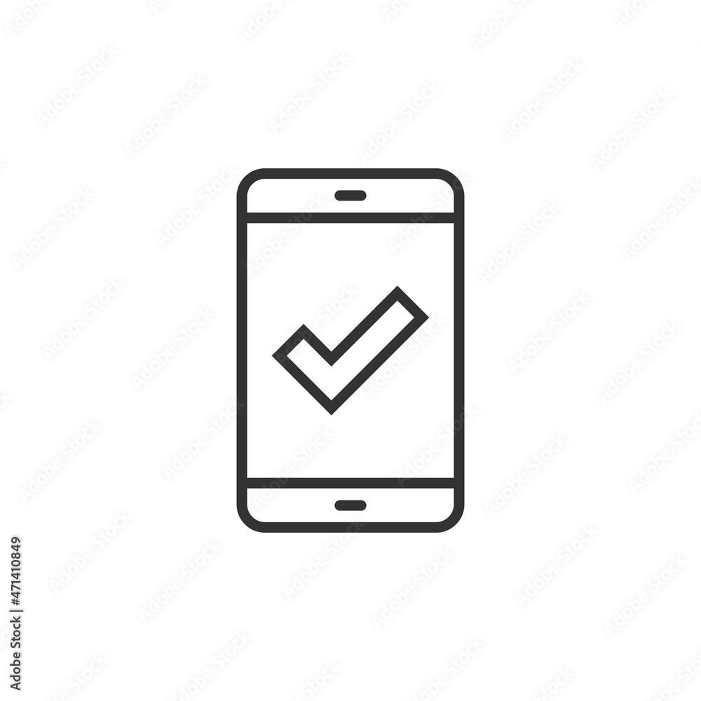 Phone check mark icon in flat style. Smartphone approval vector illustration on white isolated background. Confirm business concept. Phone check mark icon in flat style. Smartphone approval vector illustration on white isolated background. Confirm business concept.