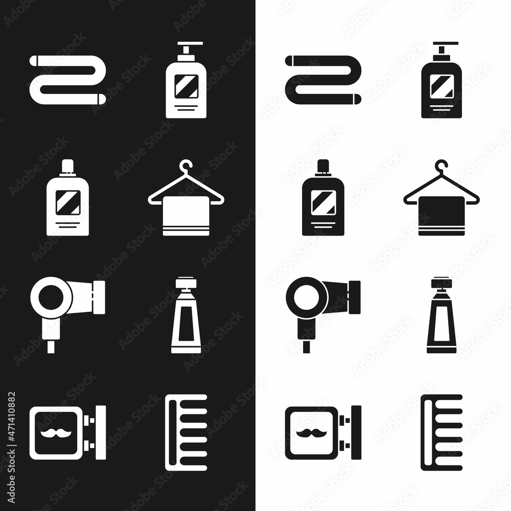 Set Towel on a hanger, Bottle of shampoo, Hair dryer, Cream or lotion cosmetic tube, Hairbrush and Barbershop icon. Vector Set Towel on a hanger, Bottle of shampoo, Hair dryer, Cream or lotion cosmetic tube, Hairbrush and Barbershop icon. Vector