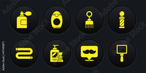Set Towel, Classic Barber shop pole, Shaving gel foam and brush, Barbershop, Hairbrush, Bottle of shampoo, Hand mirror and Aftershave bottle with atomizer icon. Vector