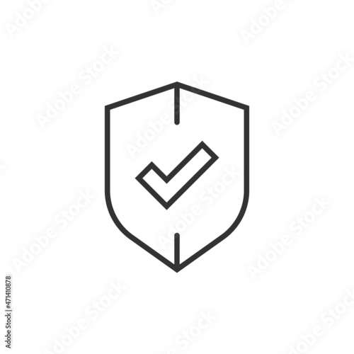 Shield with check mark icon in flat style. Protect vector illustration on white isolated background. Checkmark guard business concept.