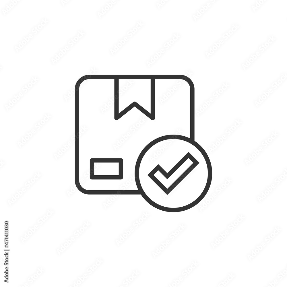 Shipping box check icon in flat style. Container approve vector illustration on white isolated background. Cardboard package business concept.
