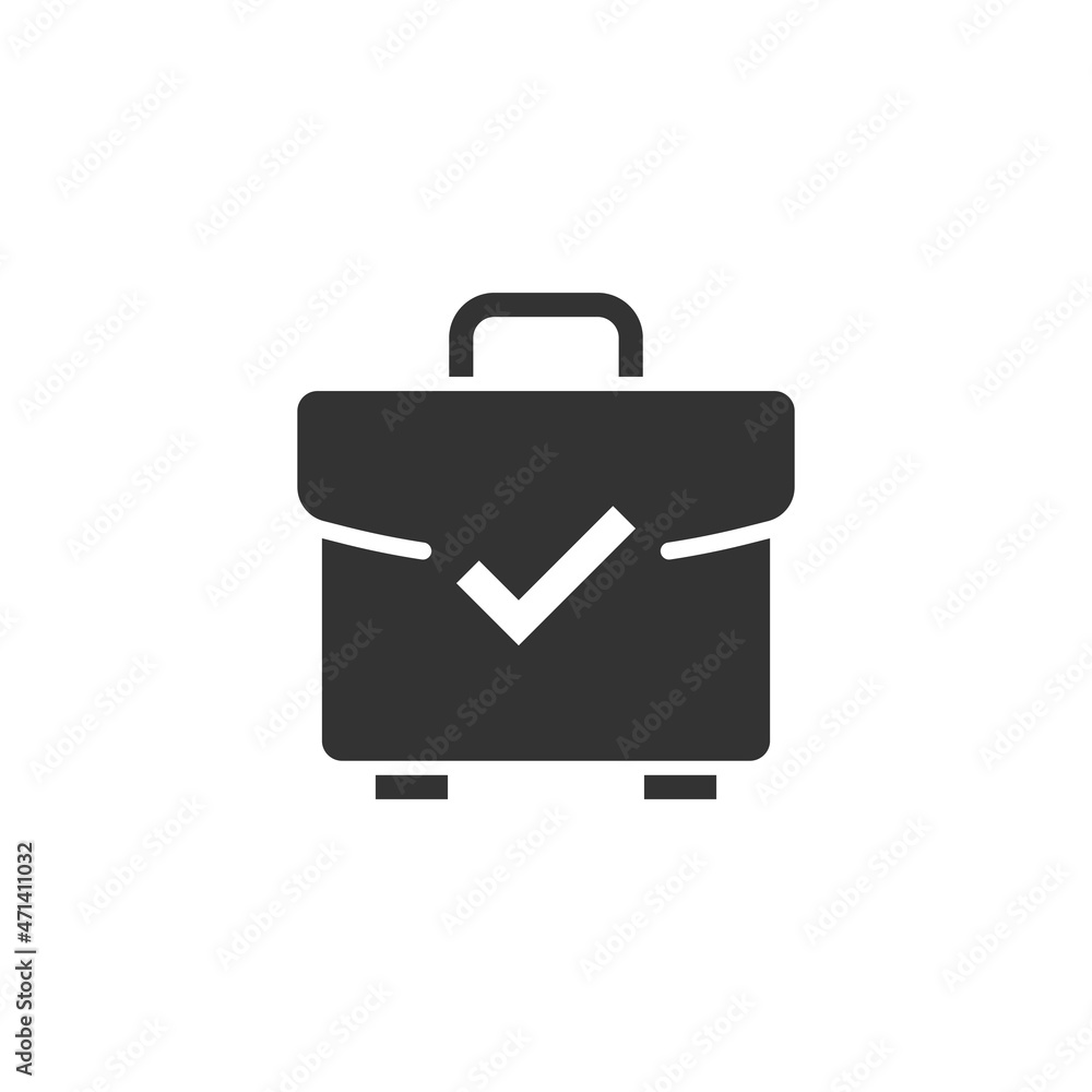 Briefcase accept icon in flat style. Portfolio approval vector illustration on white isolated background. Confirm business concept. Briefcase accept icon in flat style. Portfolio approval vector illustration on white isolated background. Confirm business concept.