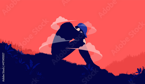 Depression in men - Depressed young male person sitting outdoors alone suffering from mental health problems. Vector illustration