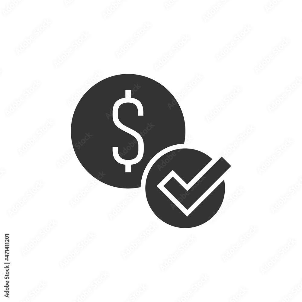 Coin check mark icon in flat style. Money approval vector illustration on white isolated background. Confirm business concept. Coin check mark icon in flat style. Money approval vector illustration on white isolated background. Confirm business concept.