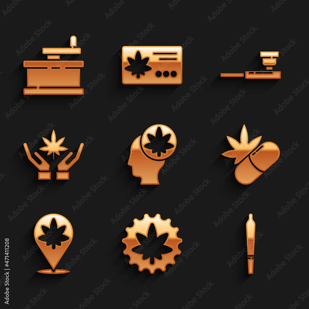 Set Head with marijuana or cannabis, Marijuana leaf, joint, Medical pills, Location and, Smoking pipe and Manual grinder icon. Vector Set Head with marijuana or cannabis, Marijuana leaf, joint, Medical pills, Location and, Smoking pipe and Manual grinder icon. Vector
