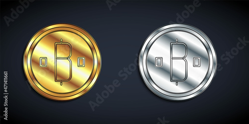 Gold and silver Cryptocurrency coin Bitcoin icon isolated on black background. Physical bit coin. Blockchain based secure crypto currency. Long shadow style. Vector