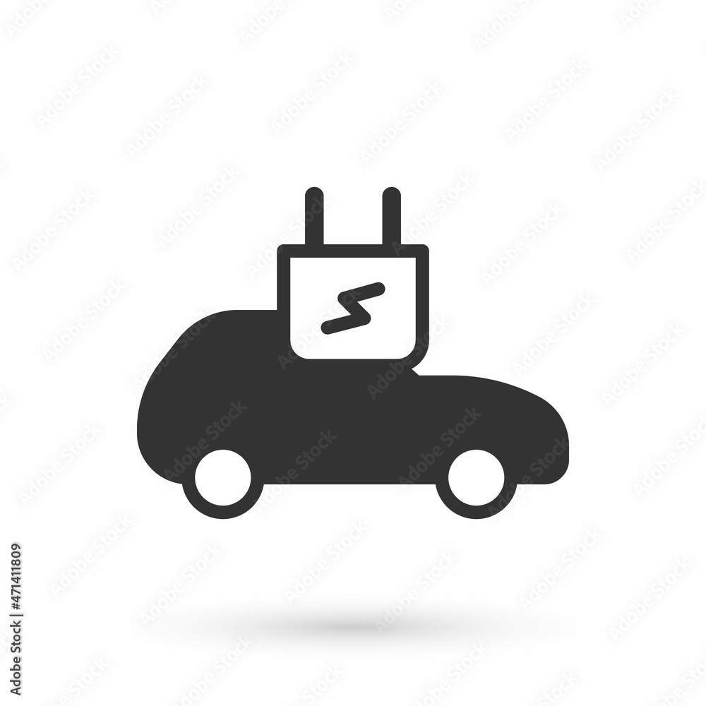 Grey Electric car and electrical cable plug charging icon isolated on white background. Renewable eco technologies. Vector Grey Electric car and electrical cable plug charging icon isolated on white background. Renewable eco technologies. Vector
