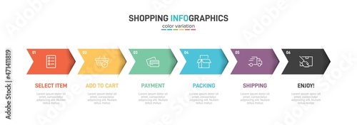 Concept of shopping process with 6 successive steps. Six colorful graphic elements. Timeline design for brochure, presentation, web site. Infographic design layout.