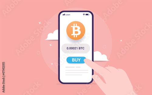 Buying Bitcoin in app - Vector illustration of hand pushing buy button to purchase crypto currency on smartphone.