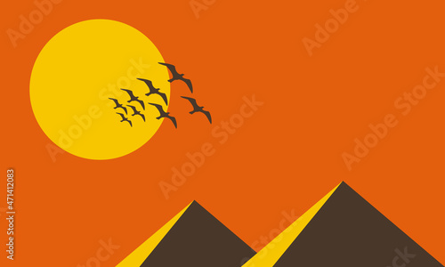 abstract vector illustration of landscape background, sunrise, sunset, birds flying, and beautiful mountains