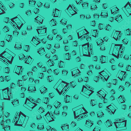 Black Oven icon isolated seamless pattern on green background. Stove gas oven sign. Vector