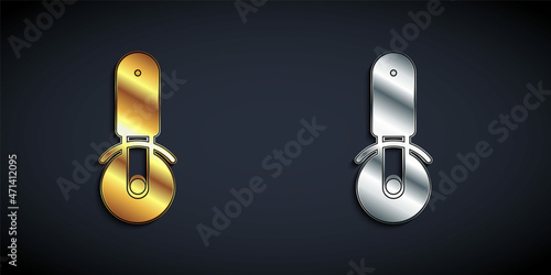 Gold and silver Pizza knife icon isolated on black background. Pizza cutter sign. Steel kitchenware equipment. Long shadow style. Vector