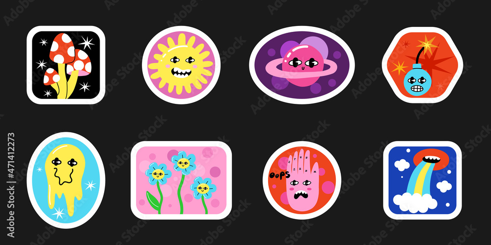 Comic character sticker. Psychedelic 80s objectsin geometric forms, bright emoji, hand drawn text, flowers with eyes, heart, hippy sign, poison mushroom isolated, vector cartoon illustration