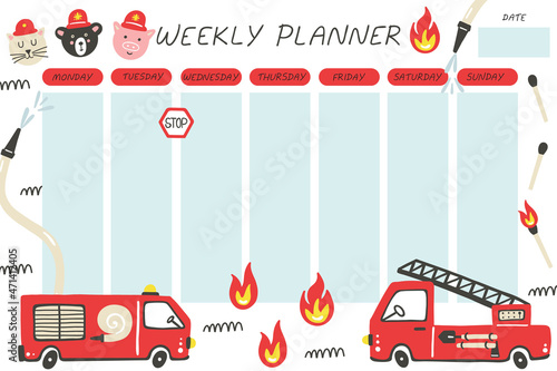 Weekly planner. Firefighter cartoon notebook sheet template, cars poster for boys, city transport childish stationery design, red auto, fire and truck, vector comic flat style isolated concept