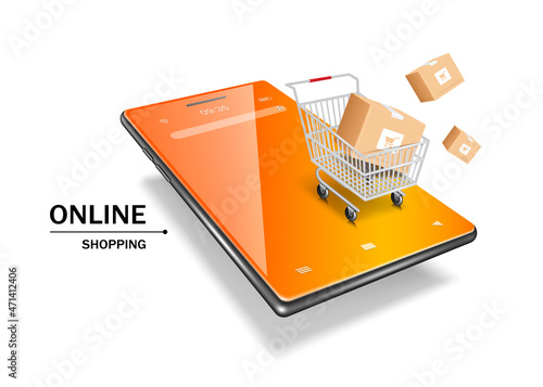 A shopping cart is placed on an orange smartphone and a parcel box floated out for delivery and online shopping concept design,vector 3d isolated on white background for advertising design