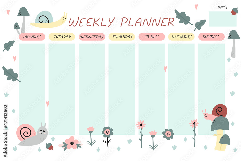Weekly planner. Cute snail cartoon notebook sheet template, poster for ...