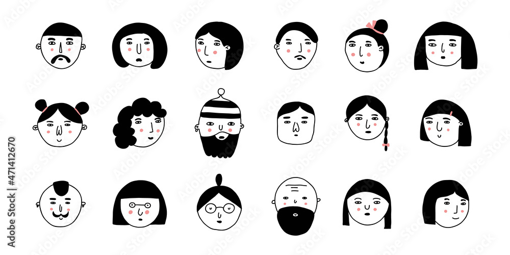 Doodle people. Hand drawn cute male and female faces, social media user avatars collection, hipster man and woman portrait, modern human icon. Line black and white vector isolated cartoon set Doodle people. Hand drawn cute male and female faces, social media user avatars collection, hipster man and woman portrait, modern human icon. Line black and white vector isolated cartoon set