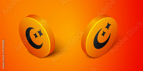 Isometric Moon and stars icon isolated on orange background. Cloudy night sign. Sleep dreams symbol. Full moon. Night or bed time sign. Orange circle button. Vector © Iryna