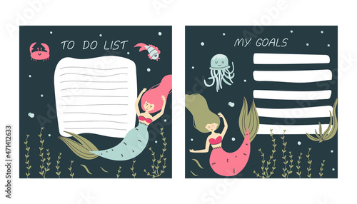 Planner. Mermaid cartoon notebook sheet, to do list and goals template, marine poster for girls, underwater childish stationery design, cute princess, seaweed and fishes vector isolated concept