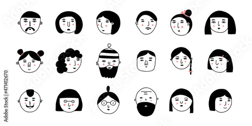 Doodle people. Hand drawn cute male and female faces, social media user avatars collection, hipster man and woman portrait, modern human icon. Line black and white vector isolated cartoon set